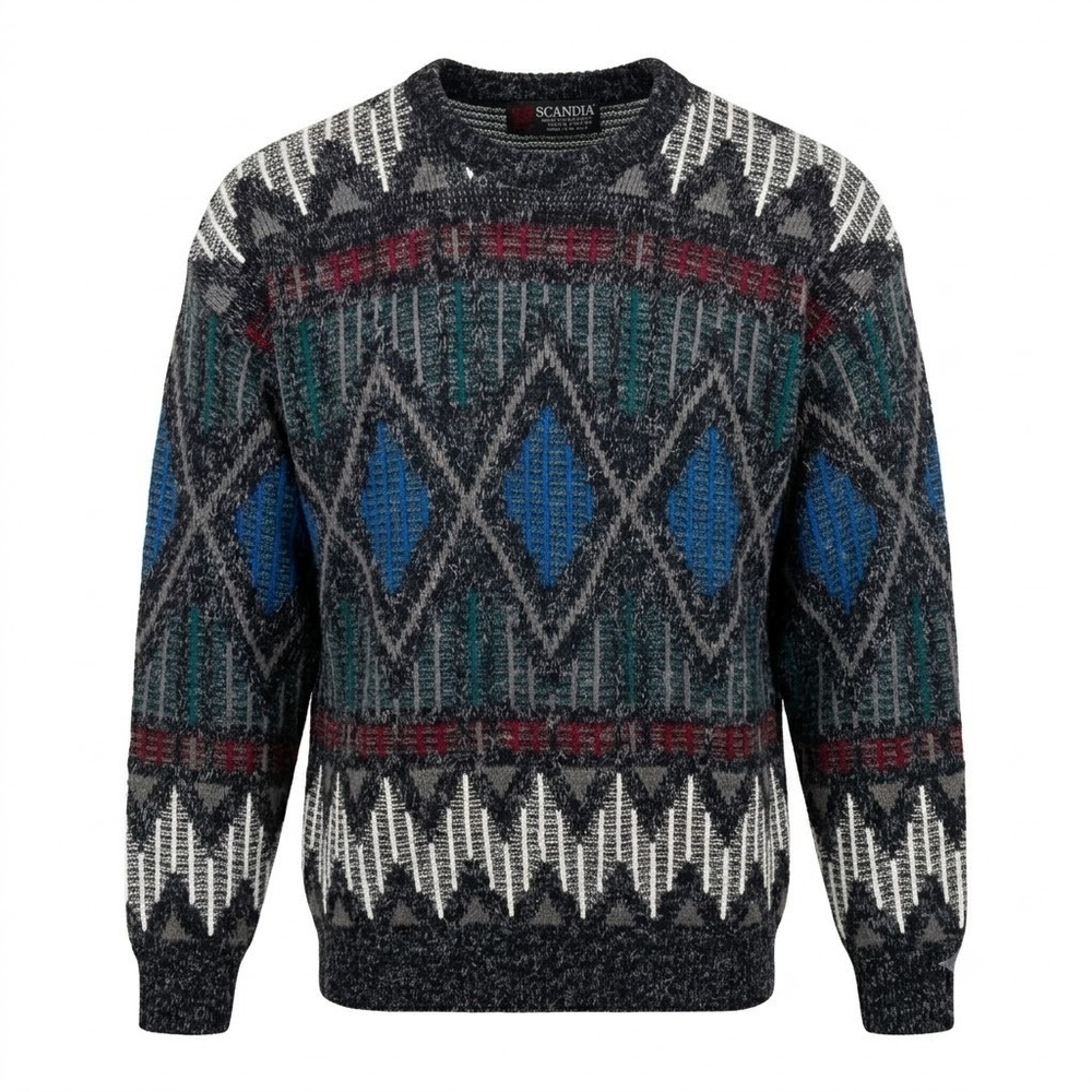 Scandia Vintage 90s Geometric Fair Isle‎ Crewneck Sweater Mens XL Black USA